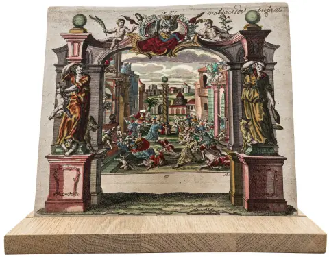 og bakgrunn). Monterte, utskårne og kolorerte kobberstikk. Augsburg, omkring 1750. Bladstørrelse med smal kant: hver 19,5 x 21,5 cm.