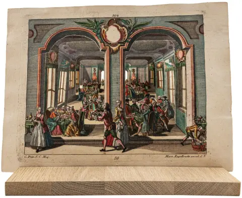 med bakgrunn). Monterte, utskårne og kolorerte kobberstikk. Augsburg, omkring 1750. Bladstørrelse med bred kant: hver 19,5 x 26,2 cm.