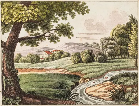 Smukt malet landskab, og med mange illuminerede og udskårne figurer. Første hæfte. - Le jeu des fables... Med en...