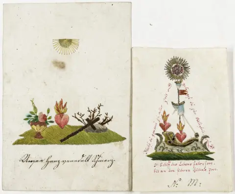 Broderibilleder – 2 dobbeltsidede religiøse broderibilleder på papir/pergament. Formentlig Sydtyskland, omkring 1800