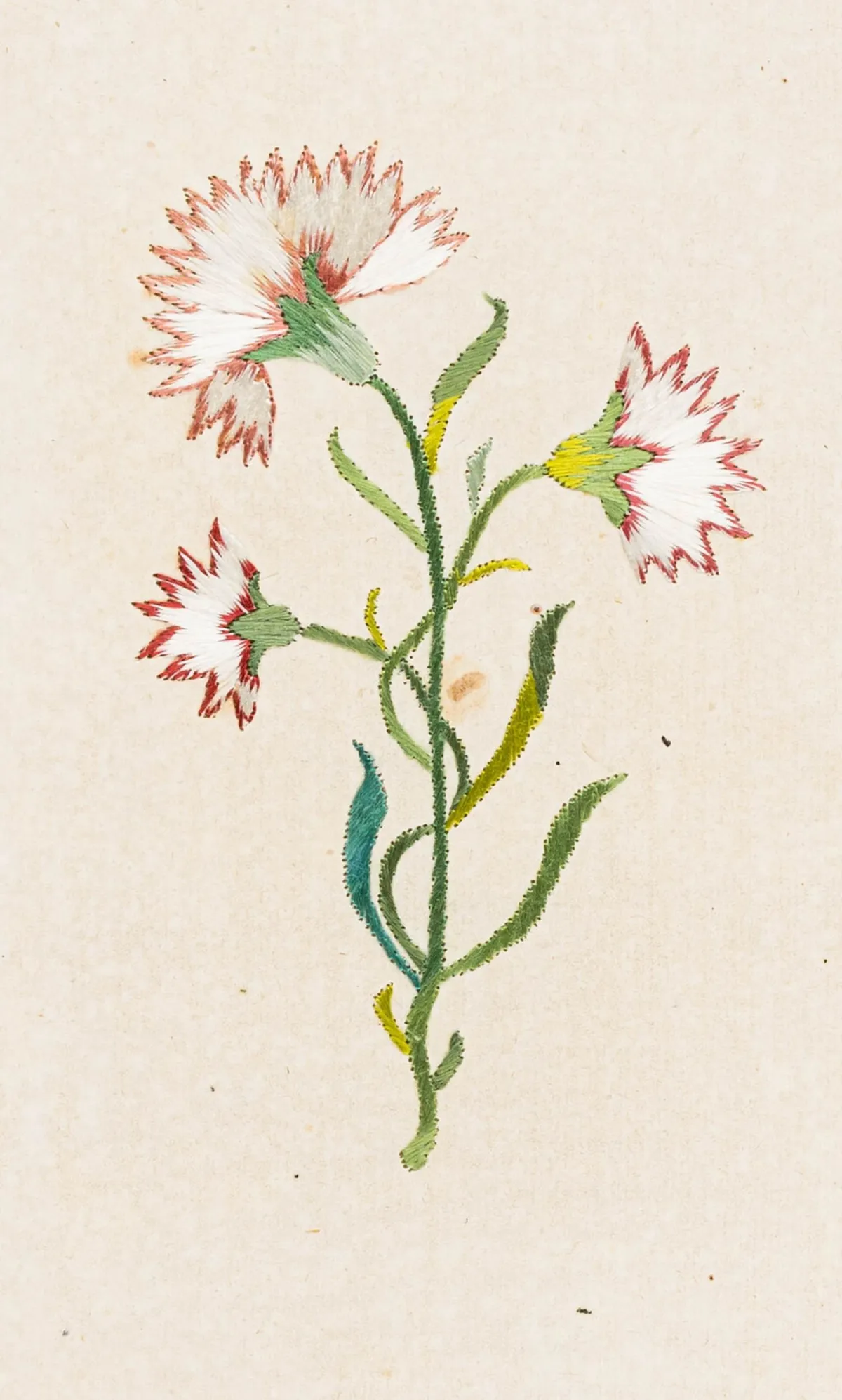 刺绣画——四幅纸上花卉刺绣。德国，18世纪下半叶。8,4 x 5,8厘米至18 x 10,5厘米。贴于折叠处，置于卡纸下。
