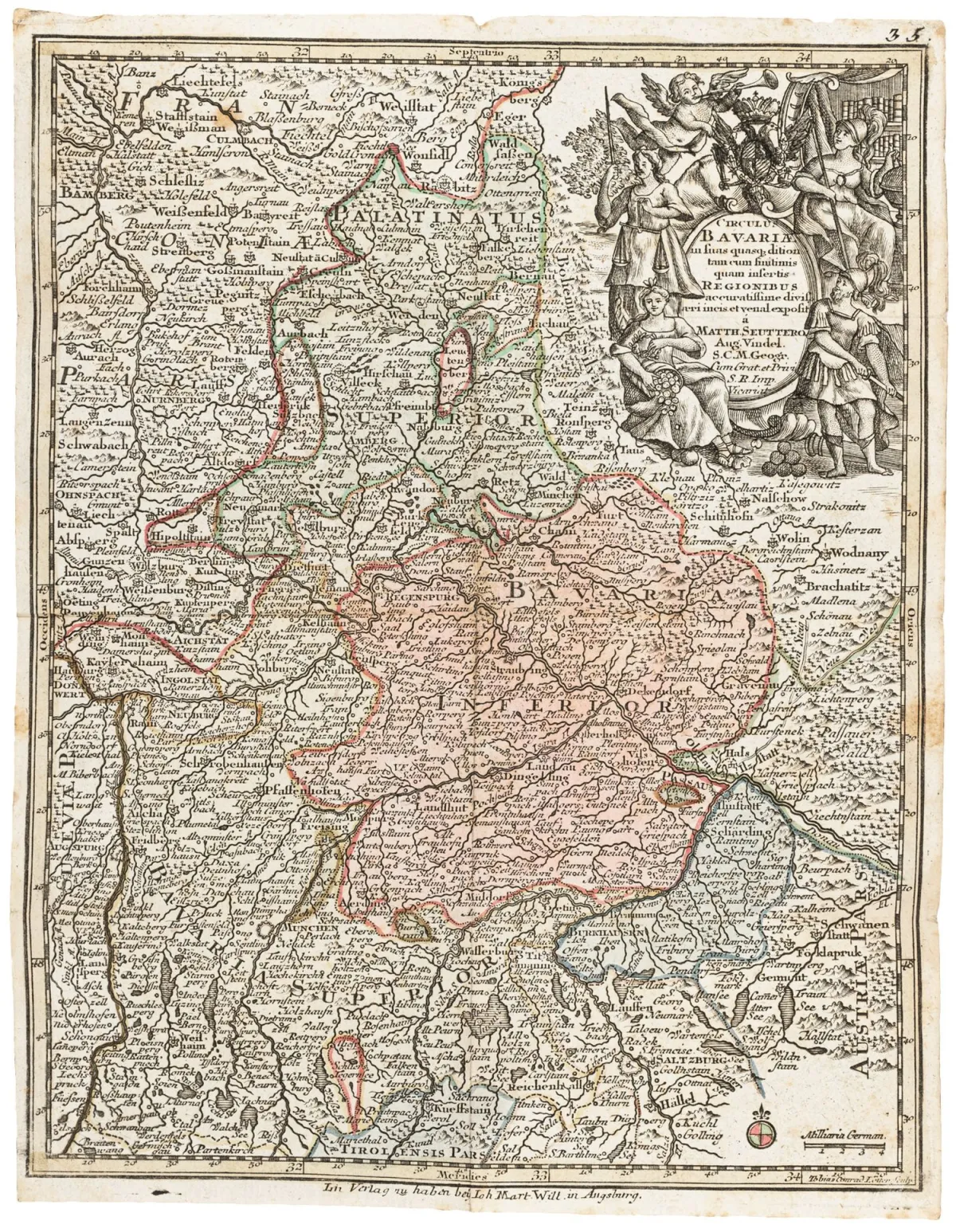Mapa kieszonkowa – Seutter, Matthäus. Circulus Bavariae, miedzioryt kolorowany, Augsburg ok. 1790