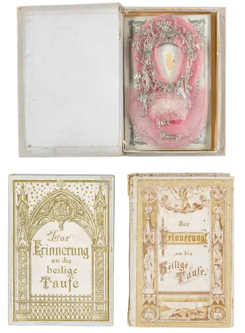 Relieffpap, voks, gaze, silke, sølvsnore, guldpreg, polstringstof m.m. Tyskland, breve dateret 1885-1915. Hver ca. 12 x 8 cm.