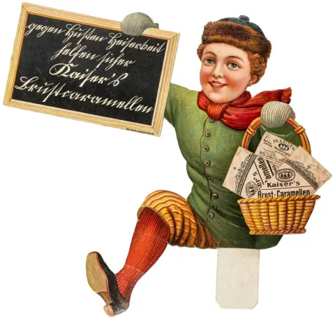 Kurv. Kromolitografi på pap. Berlin-Neuroder Kunstanstalten, efter 1902. Ca. 28 x 29 cm. Reklamedukke fra den…