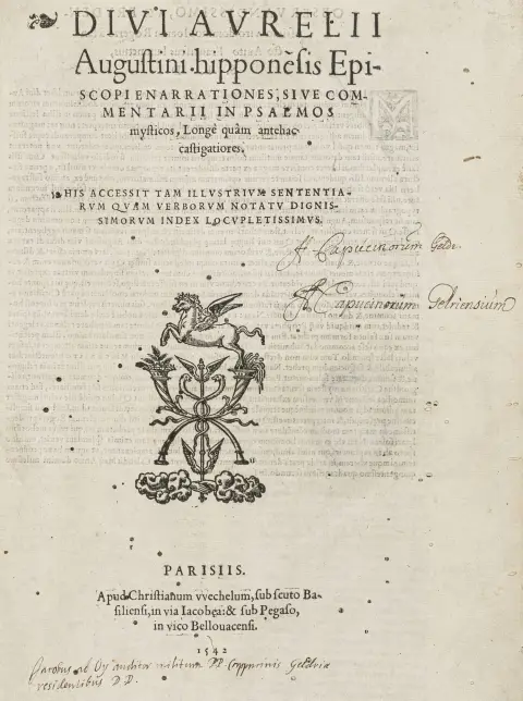 Augustin, Aurelius – Enarrationes, sive commentarii in psalmos mysticos. Med træsnit-trykkermærke på titlen. Paris, Wechel,…