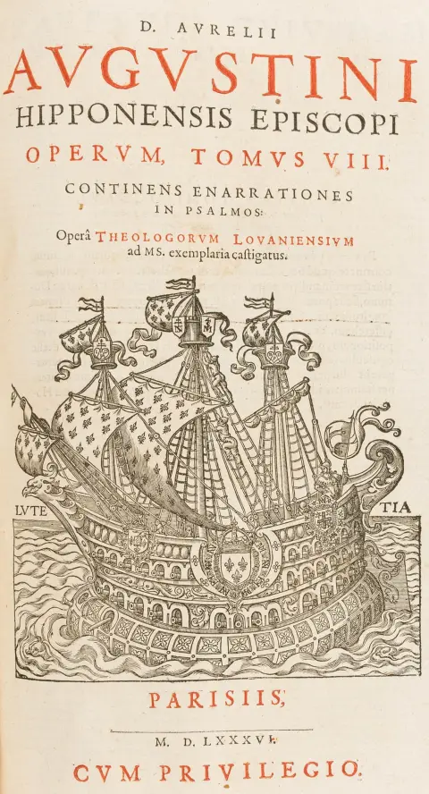 Augustinus, Aurelius – Opera. Bind 7 med annotationes og bind 8 i 1 bind. Med 3 træsnit-titelvignetter. Paris, Charles Roger, 1586.