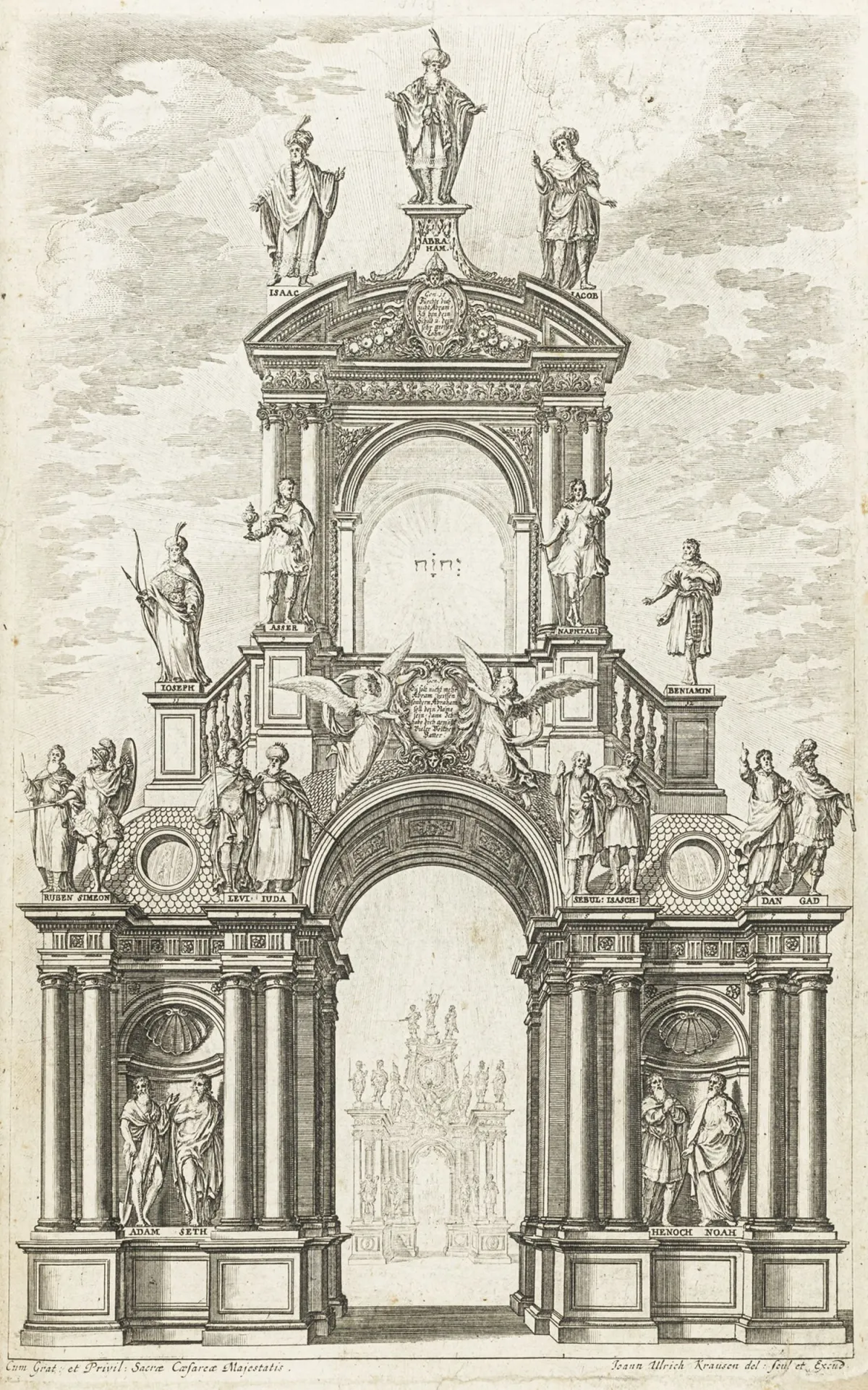 Biblia ilustrată – Krauss, Johann Ulrich. Historischer Bilder-Bibel erster (-fünftter) Theil. In 1 Band. Mit 5 gestochenen Titeln, 5…