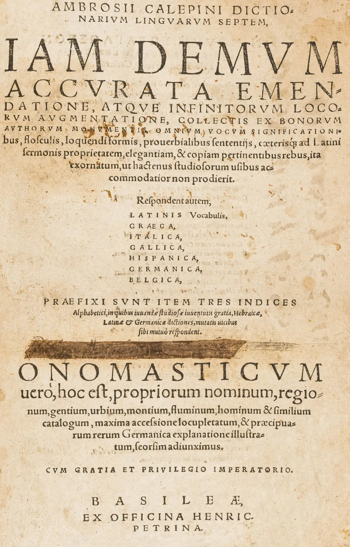 Calepino, Ambrogio – Dictionarium linguarum septem. Onomasticum. 2 parties en 1 volume