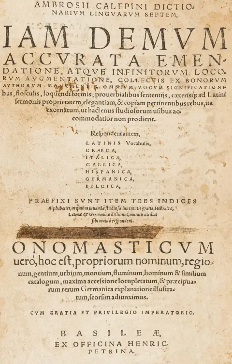 Basel, Henricpetri, 1575. 22 unum. bl., 1674 s., 1 (hvitt) bl., 355 s. 36 x 23 cm. Samtidig treplatbind med nytt skinnbelegg.…