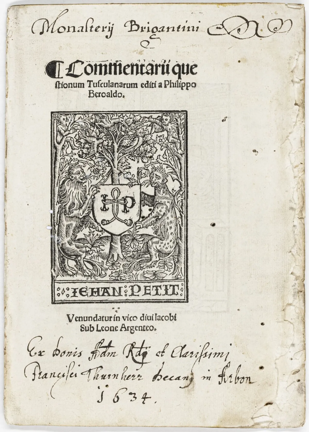 Cicero, Marcus Tullius – Commentarii quaestionum tusculanarum editi a Philippo Beroaldo