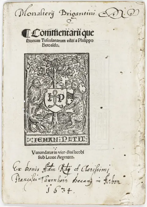 Cicero, Marcus Tullius – Commentarii quaestionum tusculanarum editi a Philippo Beroaldo. Med 2 træsnit-trykkermærker, træsnit…