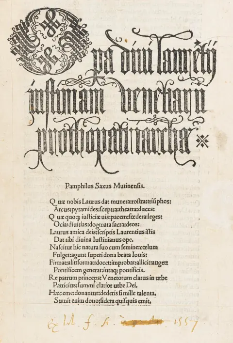 Iustinianus, Laurentius – Opa divi Laurentii Justiniani, Venetiarum protopatriarchae। (संपा. Hieronimus Caballus)। 8 भाग 1 जिल्द में।