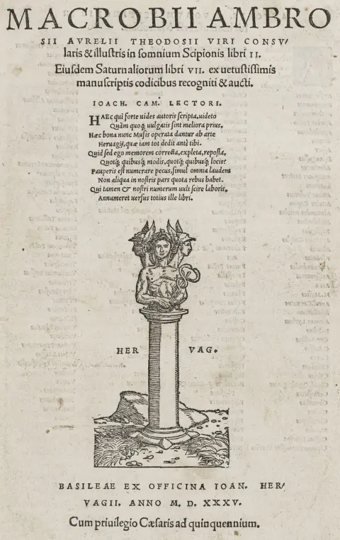 Macrobius, Ambrosius Theodosius – In Somnium Scipionis libri II. Mit 2 Druckermarken auf dem Titel, Holzschnitt-Weltkarte, 8 schematischen…