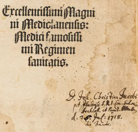 Magninus Mediolanensis – Excellentissimi Magnini Mediolanensis: Medici famosissimi Regimen sanitatis. Strasbourg, Prüss, 1503. 4 u.n. blade,…