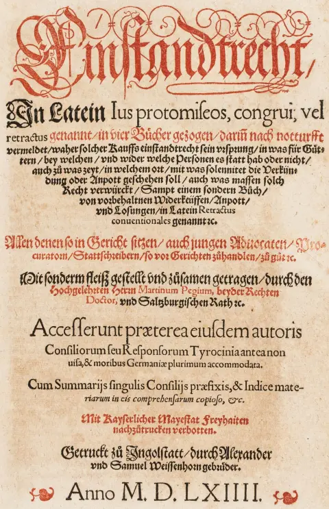 Pegius, Martin – Einstandtrecht, लैटिन में Ius protomiseos, congrui, vel retractus, चार पुस्तकों में संकलित, जिनमें आवश्यकतानुसार बताया गया है,…