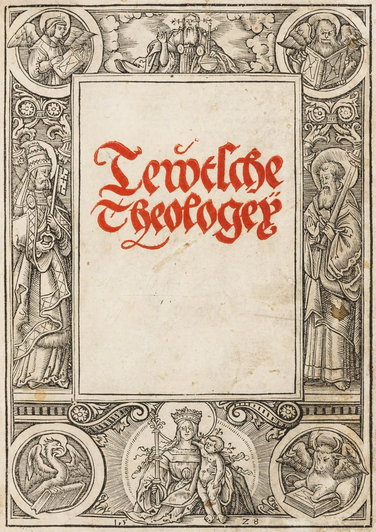 Pirstinger（又称：Pürstinger）Berthold – Tewtsche Theologey。红黑双色标题，带宽幅人物木刻边框。