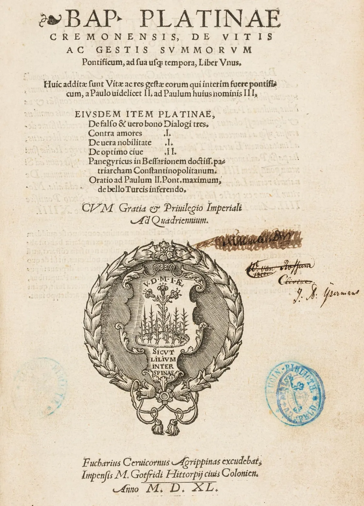 بلاتينا، بارتولوميو (أي: بارتولوميو ساكي) – De vitis ac gestis summorum pontificium, ad sua usque tempora, liber unus. مع...
