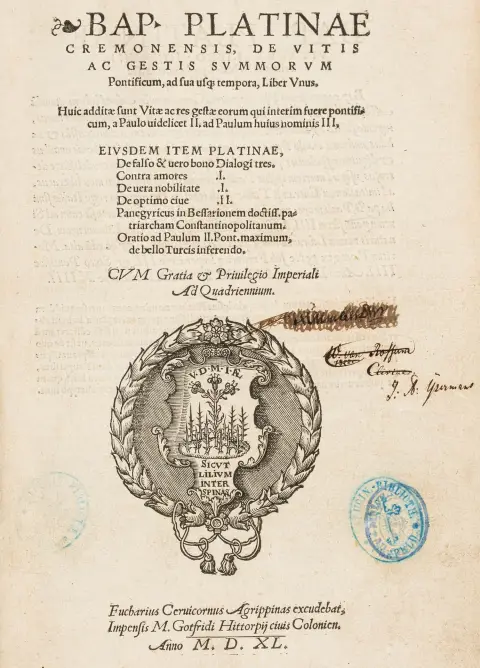 Platina, Bartolomeo (अर्थात: Bartolomeo Sacchi) – De vitis ac gestis summorum pontificium, ad sua usque tempora, liber unus। साथ में...