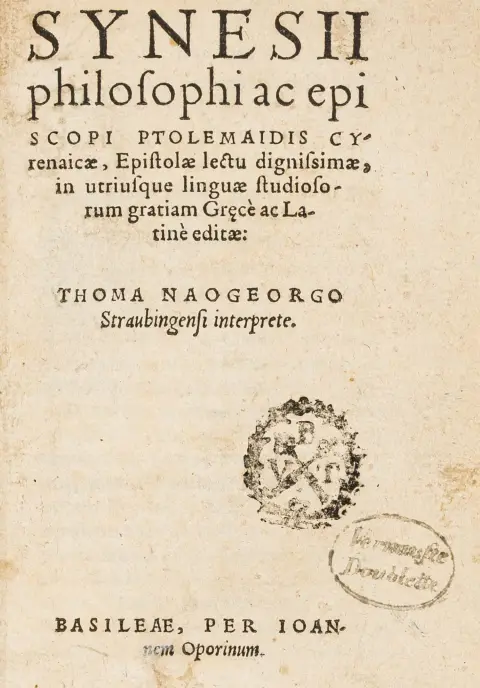 Synesius – Synesii philosophi ac episcopi Ptolemaidis Cyrenaicae, Epistolae lectu dignissimae, in utriusque linguae studiosorum gratiam…