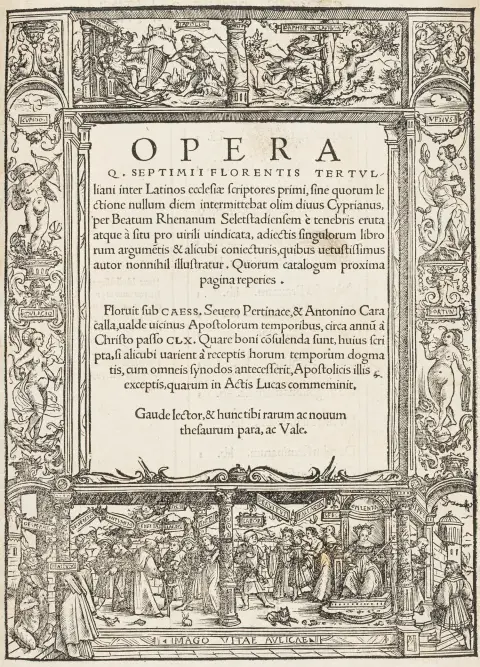 Tertullian, Quintus Septimus Florens – Opera ... per Beatum Rhenanum. Med 1 træsnit-titelbordure af Ambr. Holbein og 2…