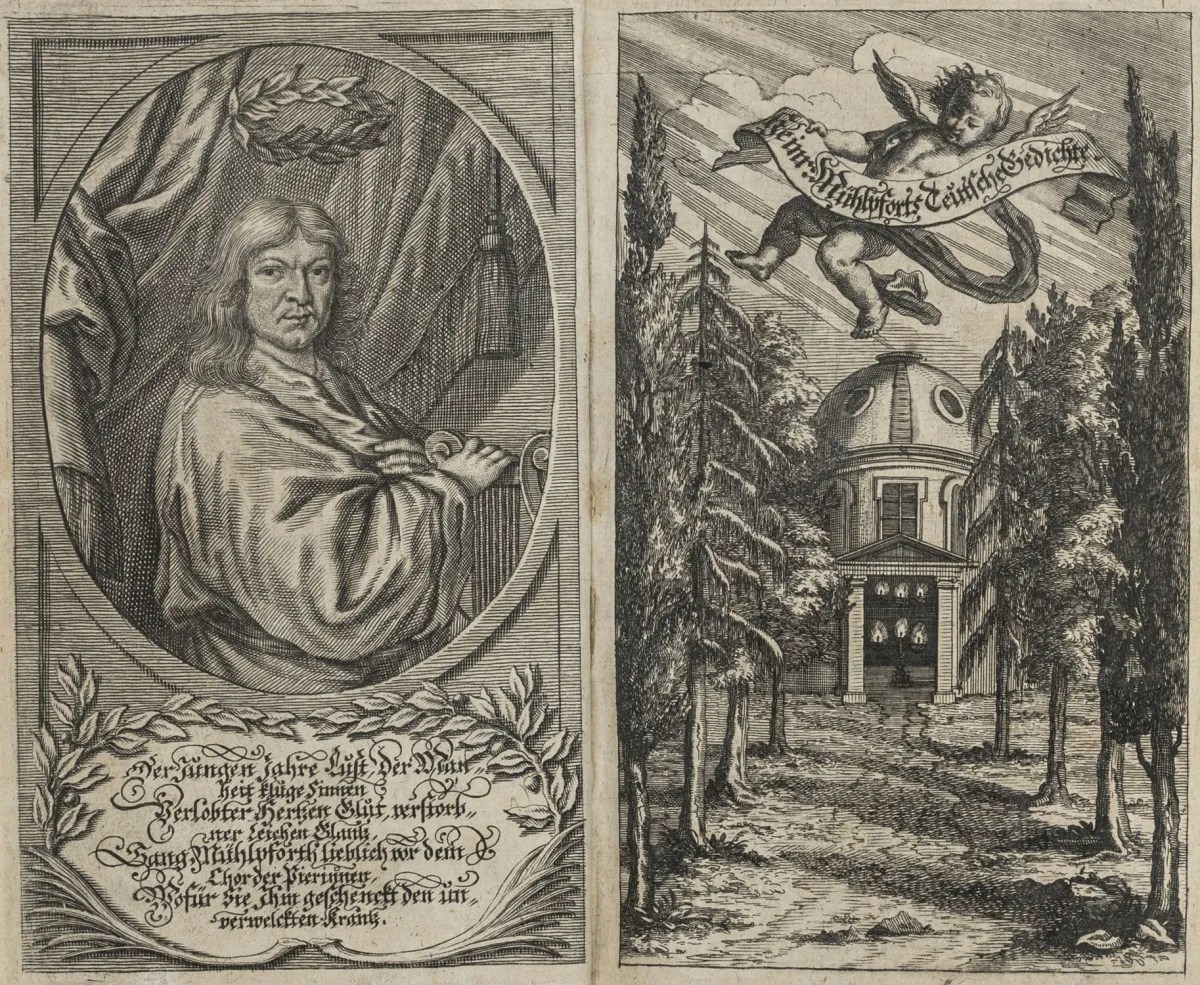 巴洛克文学 – Mühlpfort, Heinrich。《Teutsche Gedichte》。5部分合订1册。含铜版肖像和铜版书名页。布雷斯劳，Steckh，1686年。