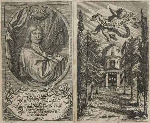 Barokklitteratur – Mühlpfort, Heinrich. Teutsche Gedichte. 5 deler i 1 bind. Med kobberstikkportrett og kobberstikktittel. Breslau, Steckh, 1686.