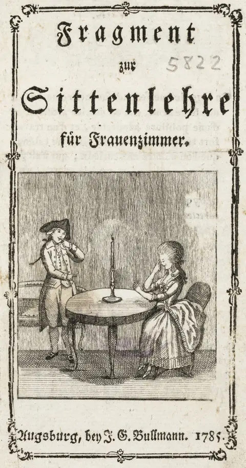 Fragment om sædelære for fruentimmere – Med stukket titelvignet. Augsburg, Bullmann, 1785. 30 s. 16,5 x 10 cm. Samtidig kartonbind…