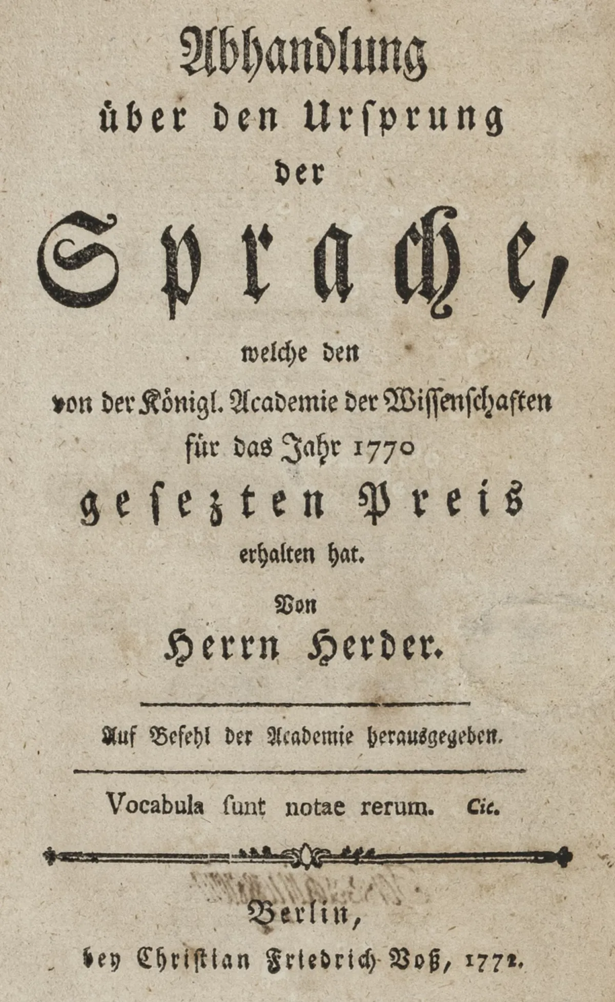 Herder, Johann Gottlieb – 论语言的起源。柏林,Voss,1772年。1叶,222页。17 x 10厘米。当代半皮革装订…