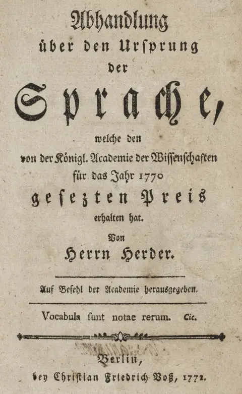 Herder, Johann Gottlieb – Afhandling om sprogets oprindelse. Berlin, Voss, 1772. 1 bl., 222 s. 17 x 10 cm. Samtidig halvlæderbind…