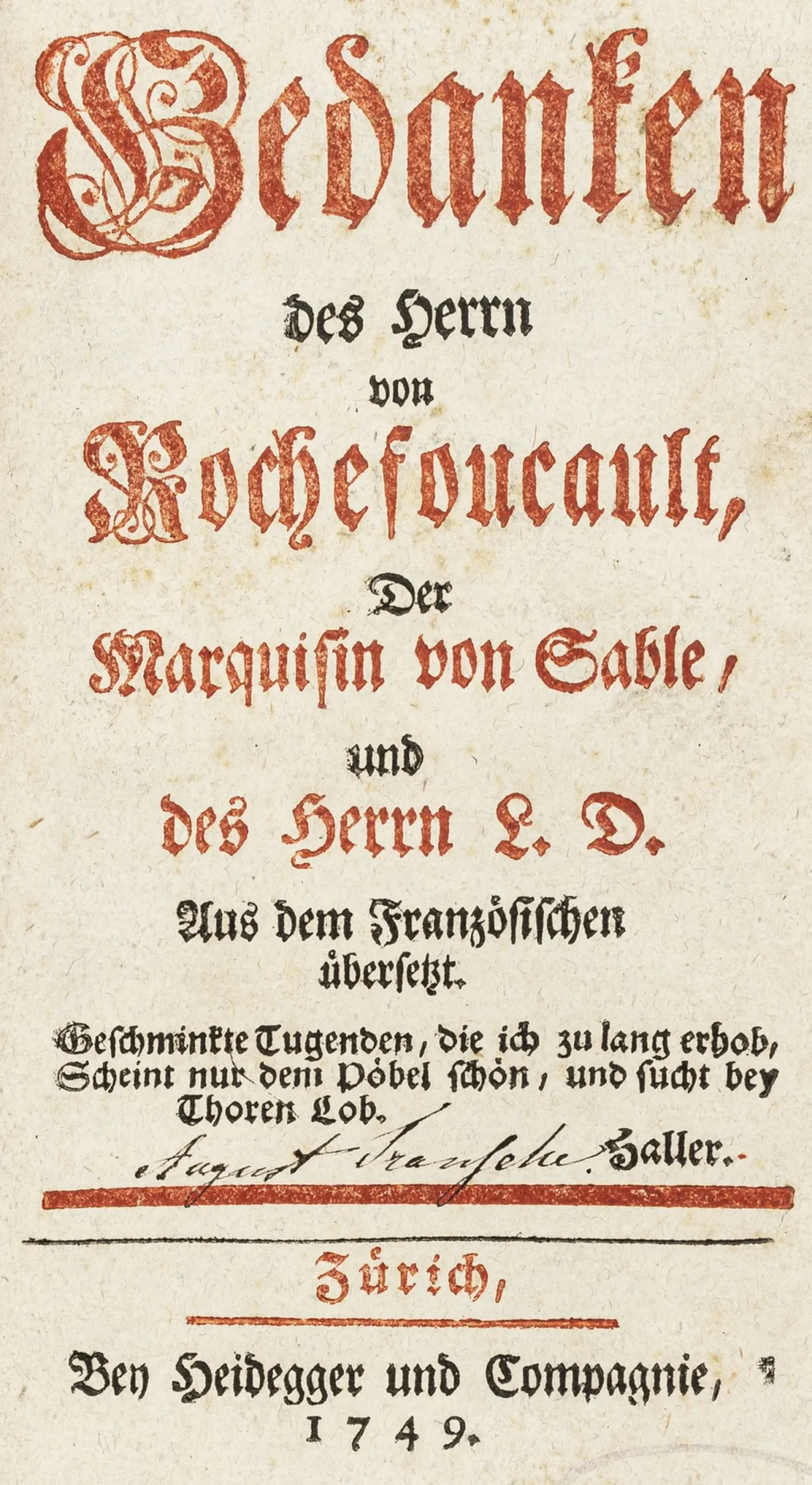 La Rochefoucault, F. de – Rochefoucault先生、Sable侯爵夫人及L. D.先生的思想。译自法语。