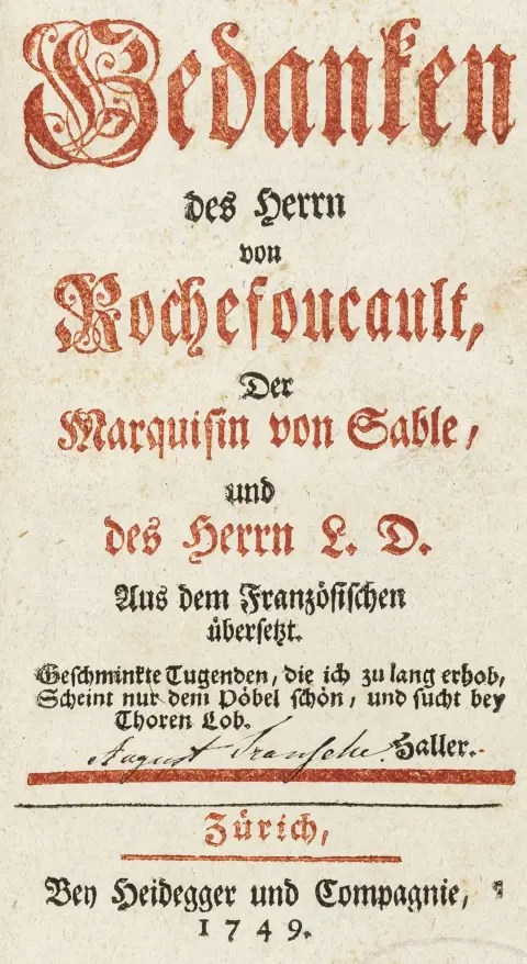 La Rochefoucault, F. de – Tanker av herr von Rochefoucault, markisinnen von Sable og herr L. D. Oversatt fra fransk.
