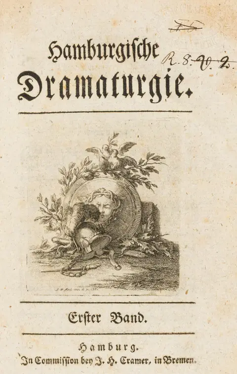 Lessing, Gotthold Ephraim – Hamburgische Dramaturgie. To bind. Med to stukkede tittelvinjetter av J. W. Meil. Hamburg, i…