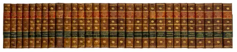 Lessing, Gotthold Ephraim – Samlede skrifter. 30 bind. Med stukket portrett. Berlin, Voss, 1784-1796. 15,5 x 10 cm. Halvskinnbind…