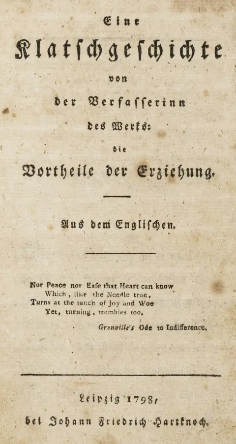 Merkel, Garlieb Helwig – En sladderhistorie av forfatterinnen til verket: Vortheile der Erziehung. Fra engelsk. Leipzig,…