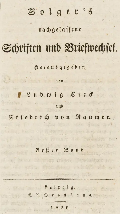 Filosofi – Solger, Karl Wilhelm Ferdinand. Efterladte skrifter og brevveksling. Udgivet af Ludwig Tieck og Friedrich von…