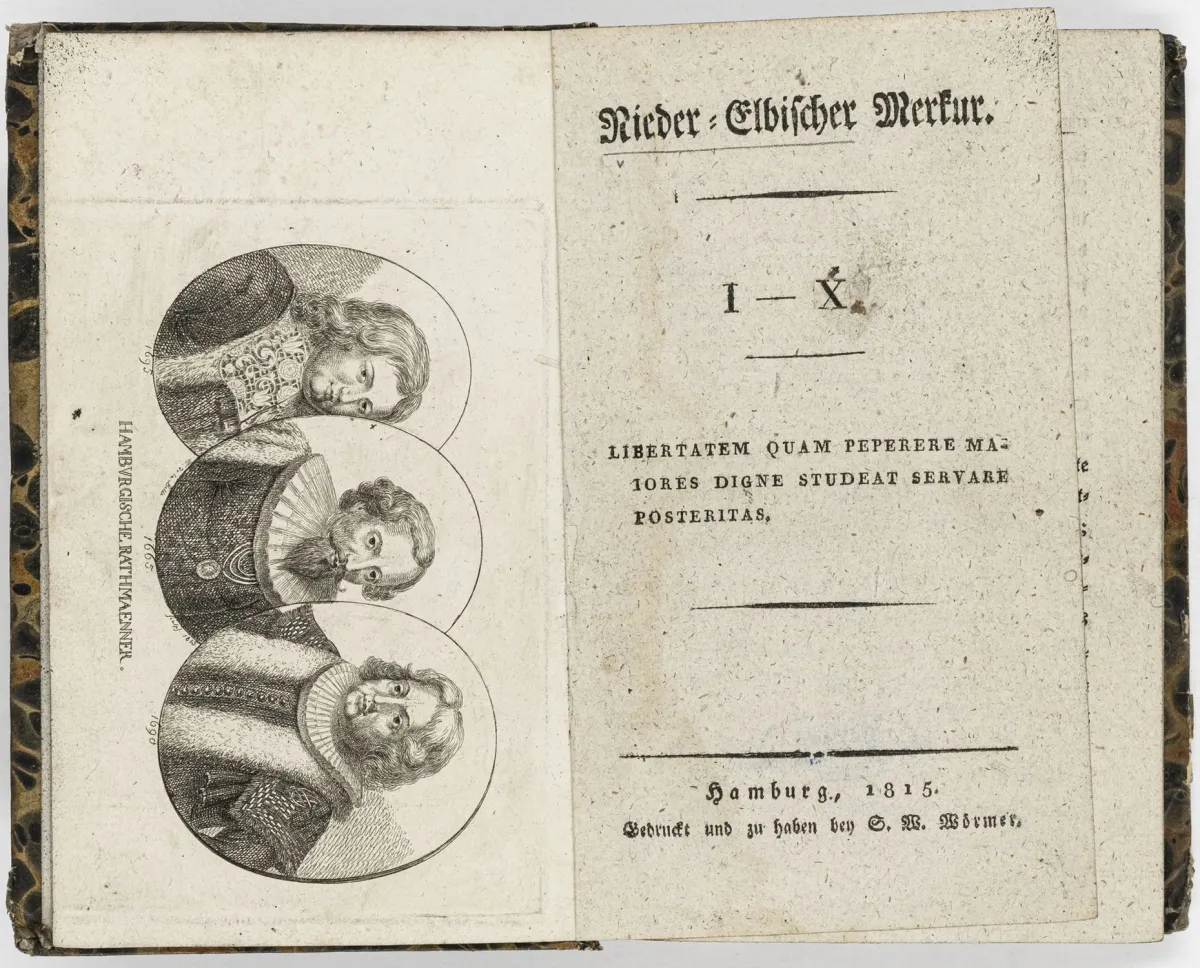 Runge, Johann Daniel（编）– Nieder-Elbischer Merkur。18部分共2卷（全部已出版）。带雕刻卷首插图。汉堡，…