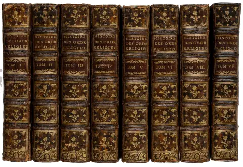धर्मशास्त्र – Helyot, Pierre और Maximilien Bullot. Histoire des ordres monastiques, religieux et militaires, et des congrégations... 8 खंड। 806 ताम्रपत्र सहित।