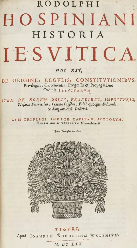 धर्मशास्त्र – Hospinian, Rodolphus. Historia Iesuitica hoc est, de origine, regulis, constitutionibus, privilegiis, Incrementis, Progressu…