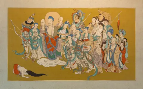एशिया - चीन – पूर्वकालीन बुद्ध दीपंकर शाक्यमुनि बुद्ध के ज्ञानोदय की भविष्यवाणी करते हैं। ऊन और रेशम, सूती ताने पर। संभवतः...