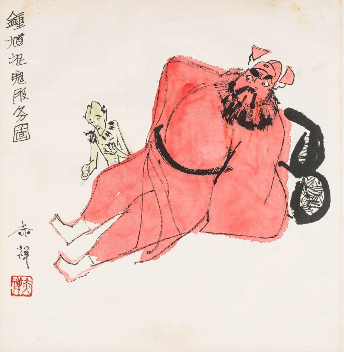 亚洲 - 中国 – 钟馗，捉鬼者。8幅原创水彩画系列。红绿两色水彩覆于墨上，绘于薄...