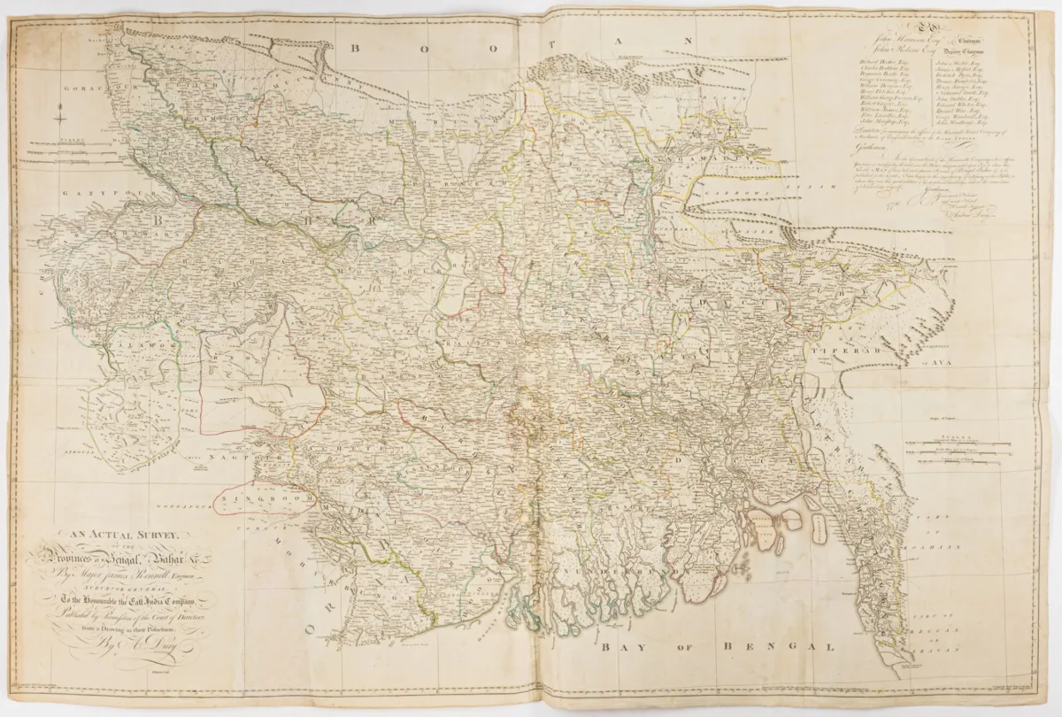 亚洲 - 印度 – 《An Actual Survey, of the Provinces of Bengal, Bahar &c.》W. Haydon 与 Andrew Dury 绘边缘着色铜版地图…
