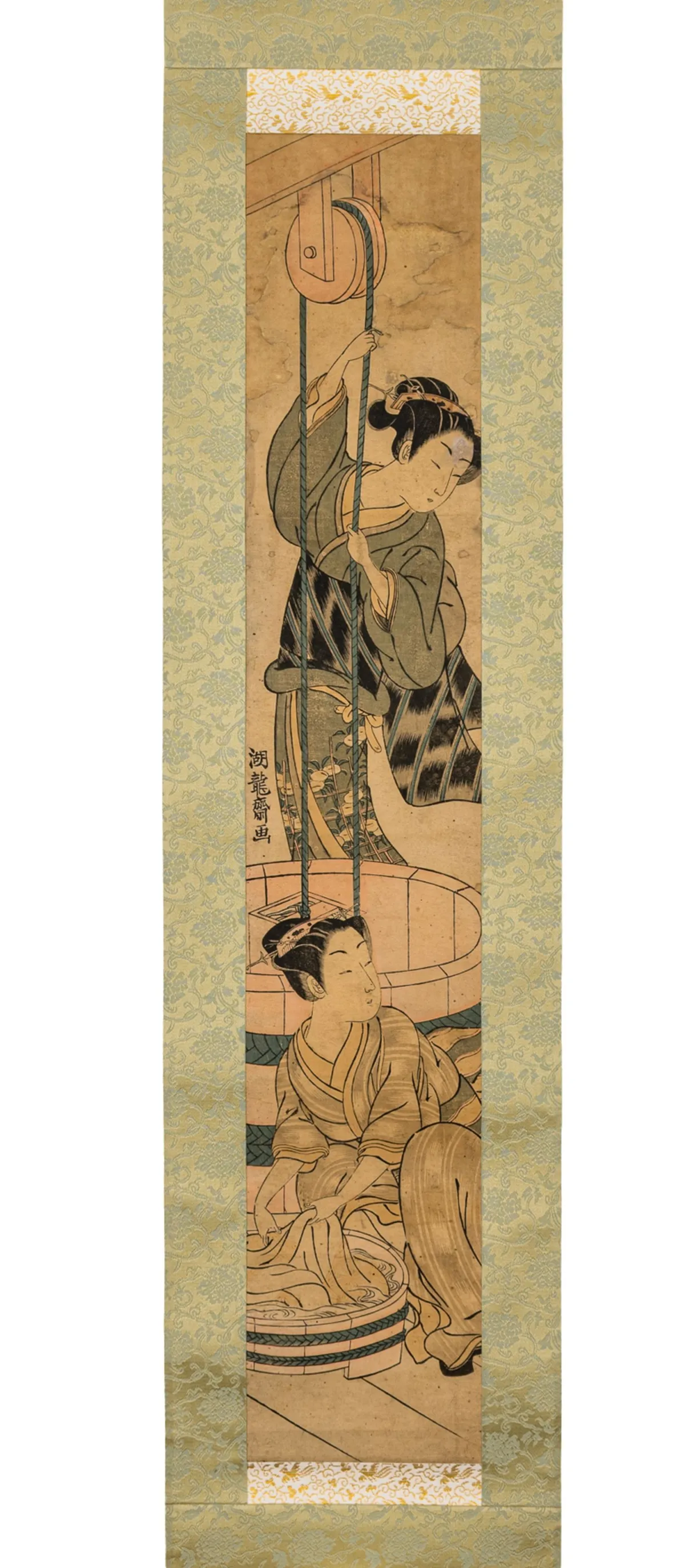亚洲 - 日本 – Isoda, Koryusai. 在井边洗衣的妇女。薄日本纸彩色木版画，新装绿色…