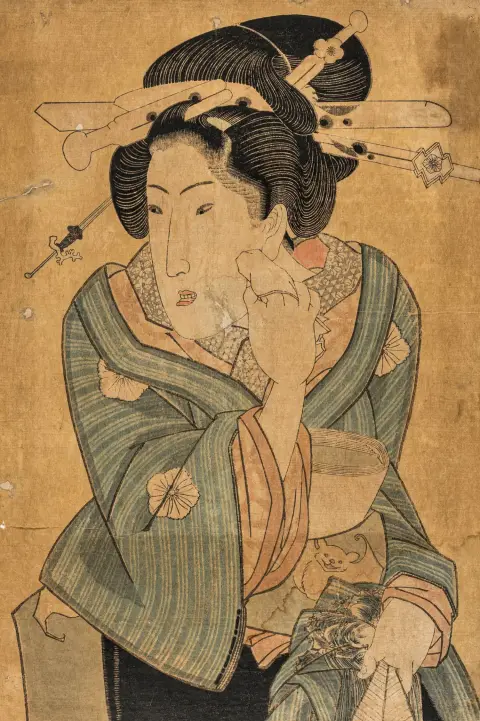Asien - Japan – Kunisada, Utagawa (Toyokuni III). En dame, som tørrer sit ansigt med et lille klæde. Farvetræsnit på…