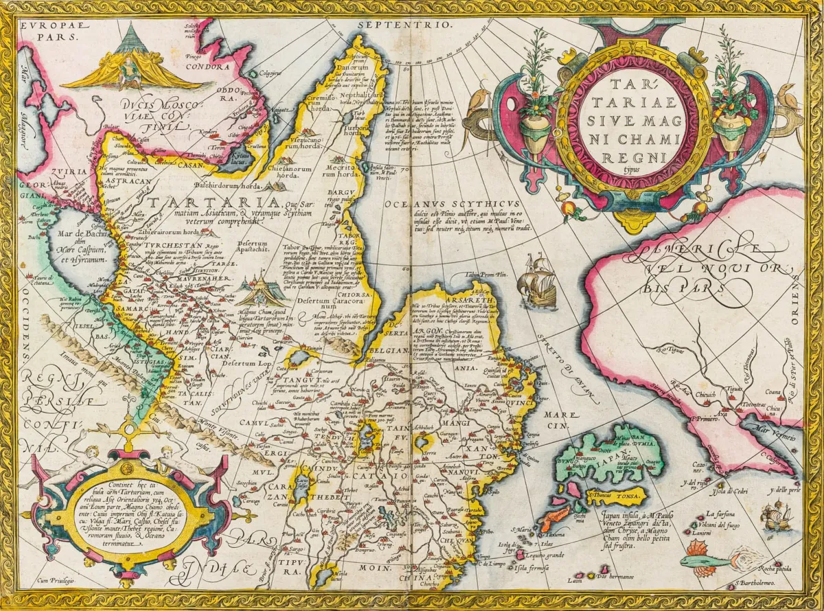 Asia - Siberia – Tartariae Sive Magni Chami Regni typus. Old-colored copper engraving map by Abraham Ortelius 1603.