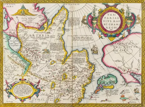 एशिया - साइबेरिया – Tartariae Sive Magni Chami Regni typus। Abraham Ortelius 1603 का हाथ से रंगा तांबे पर उत्कीर्ण मानचित्र। प्लेट माप: 35.3 x…