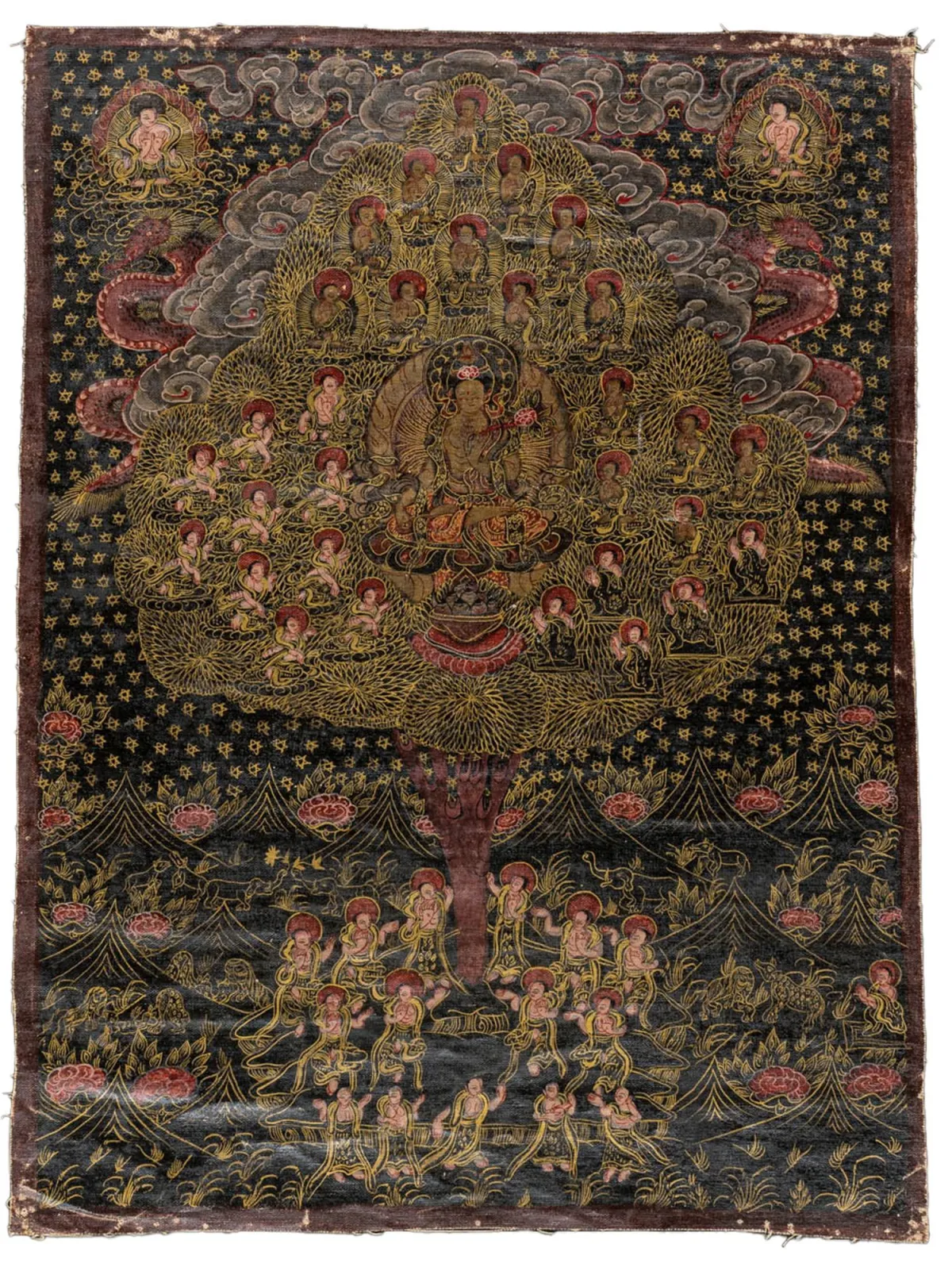 亚洲 - 西藏 – 唐卡。亚麻布上描金水粉画。可能为西藏，约1900年。46.5 x 35.5 厘米。上边缘装裱于黑色卡纸上…