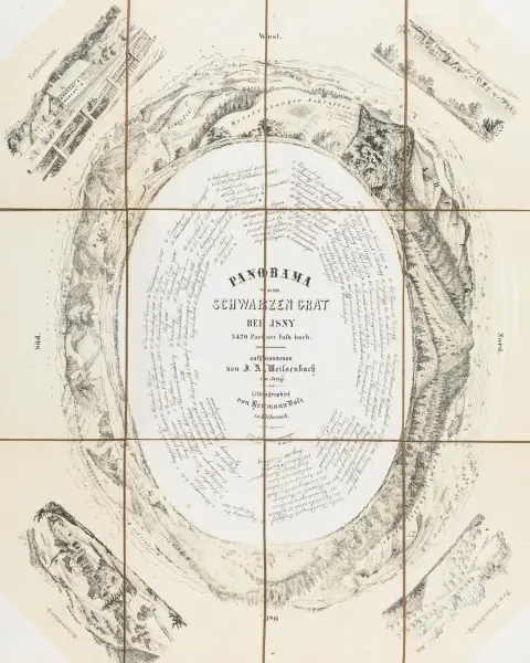 Tyskland - Baden-Württemberg – Weissenbach, J. A. Panorama fra Schwarzer Grat ved Isny. 3420 parisiske fod høj. Litografi i 12…