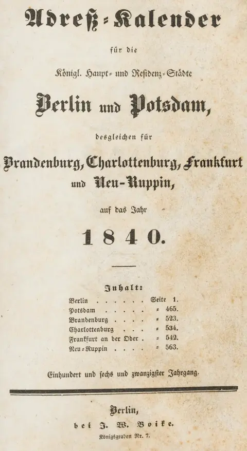 Tyskland - Berlin – Adressekalender for de kongelige hoved- og residensbyene Berlin og Potsdam, likeså for Brandenburg,…