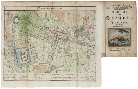 Tyskland - Niedersachsen – Marcard, Heinrich Matthias. Beskrivelse af Pyrmont. 2 bind i 1 bind. Med 2 titelvignetter, 1 foldeplan…