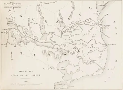Europa - Donau – Hartley, Charles Augustus. Beskrivelse af Donaudeltaet og af de nyligt udførte arbejder ved Salina-mundingen…